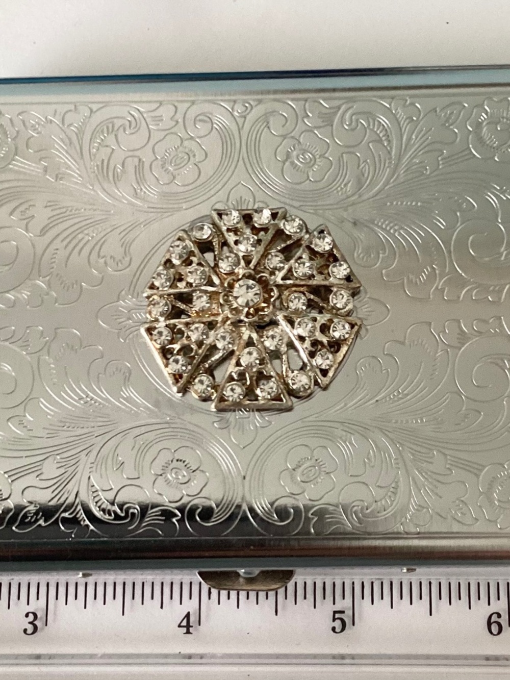 Silver tone hard metal case adorned with brilliant rhinestones, OOAK